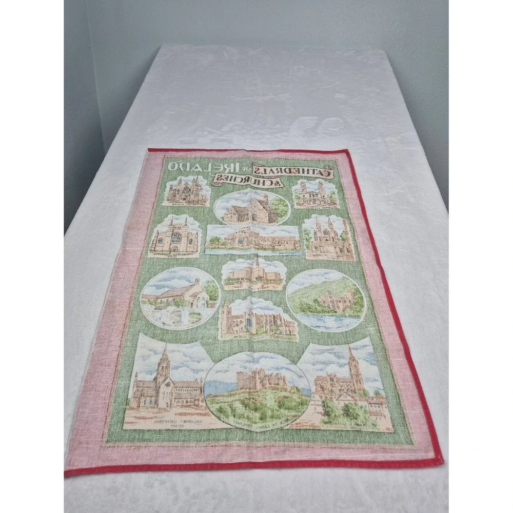 Cathedrals of Ireland & Churches Tea Towel Green Red Border Cotton
